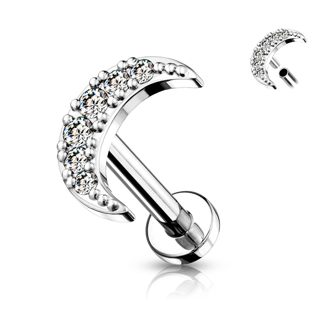 DAINTY CRYSTAL MOON FLAT BACK LABRET STUD