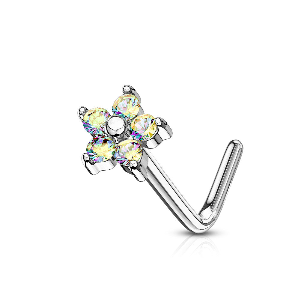 PRETTY DAINTY CRYSTAL FLOWER L BEND NOSE STUD