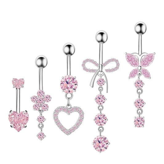 MULTI PACK OF 5 PINK CHARM CRYSTAL BELLY BARS - 14 GAUGE -10MM