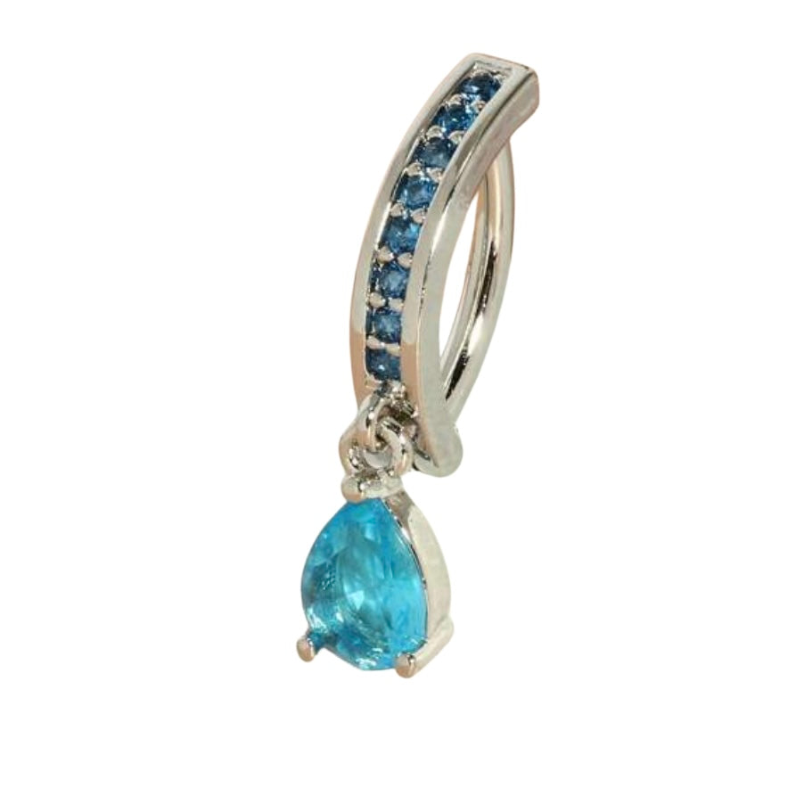 AQUA BLUE SILVER  CRYSTAL BELLY CLICKER HOOP WITH CHARM -10MM - 14 GAUGE