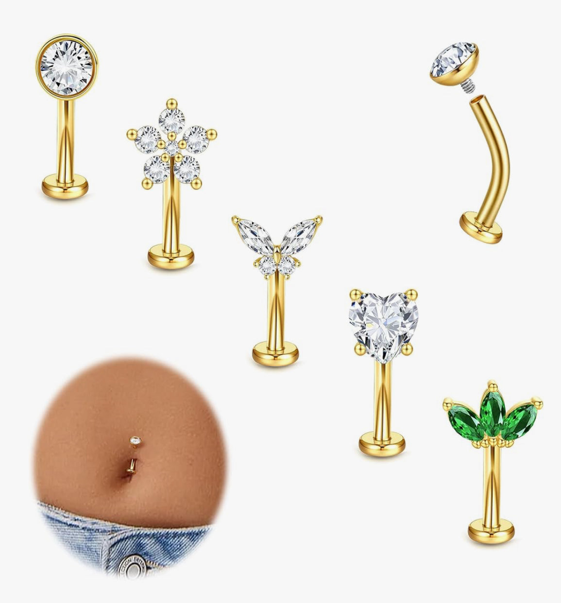 MULTI PACK OF 5 FLOATING CRYSTAL TOP BELLY BARS - 10MM