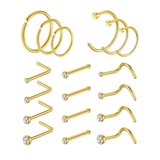 MULTI PACK OF 18 PLAIN CUBIC ZIRCONIA NOSE RINGS & STUDS - 20 GAUGE