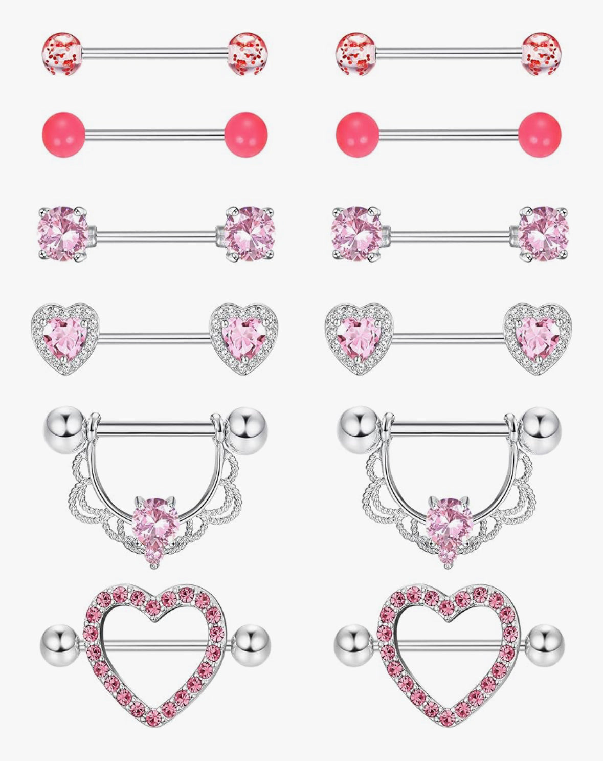 MULTIPACK 6 x PAIRS OF NIPPLE BARBELLS PINK CRYSTALS