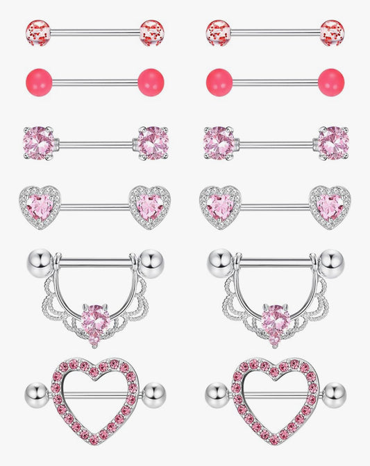 MULTIPACK 6 x PAIRS OF NIPPLE BARBELLS PINK CRYSTALS