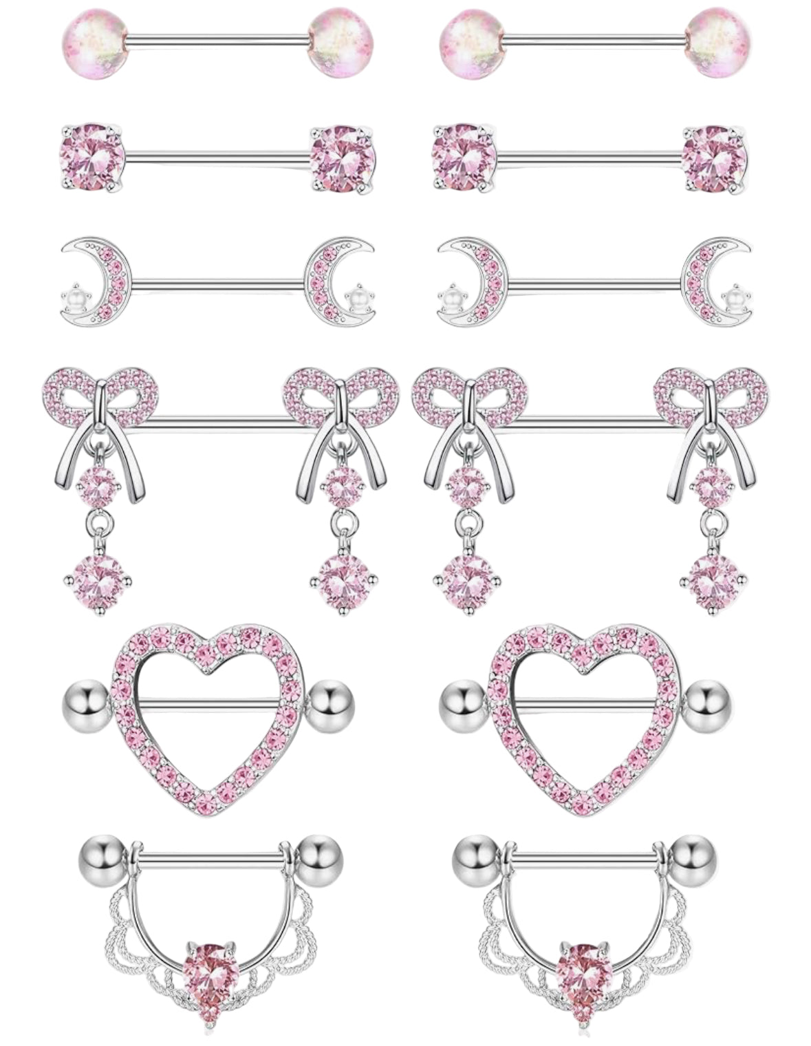 MULTIPACK 6 x PAIRS OF NIPPLE BARBELLS PINK CRYSTALS