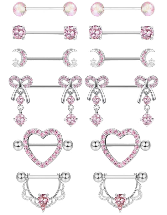 MULTIPACK 6 x PAIRS OF NIPPLE BARBELLS PINK CRYSTALS