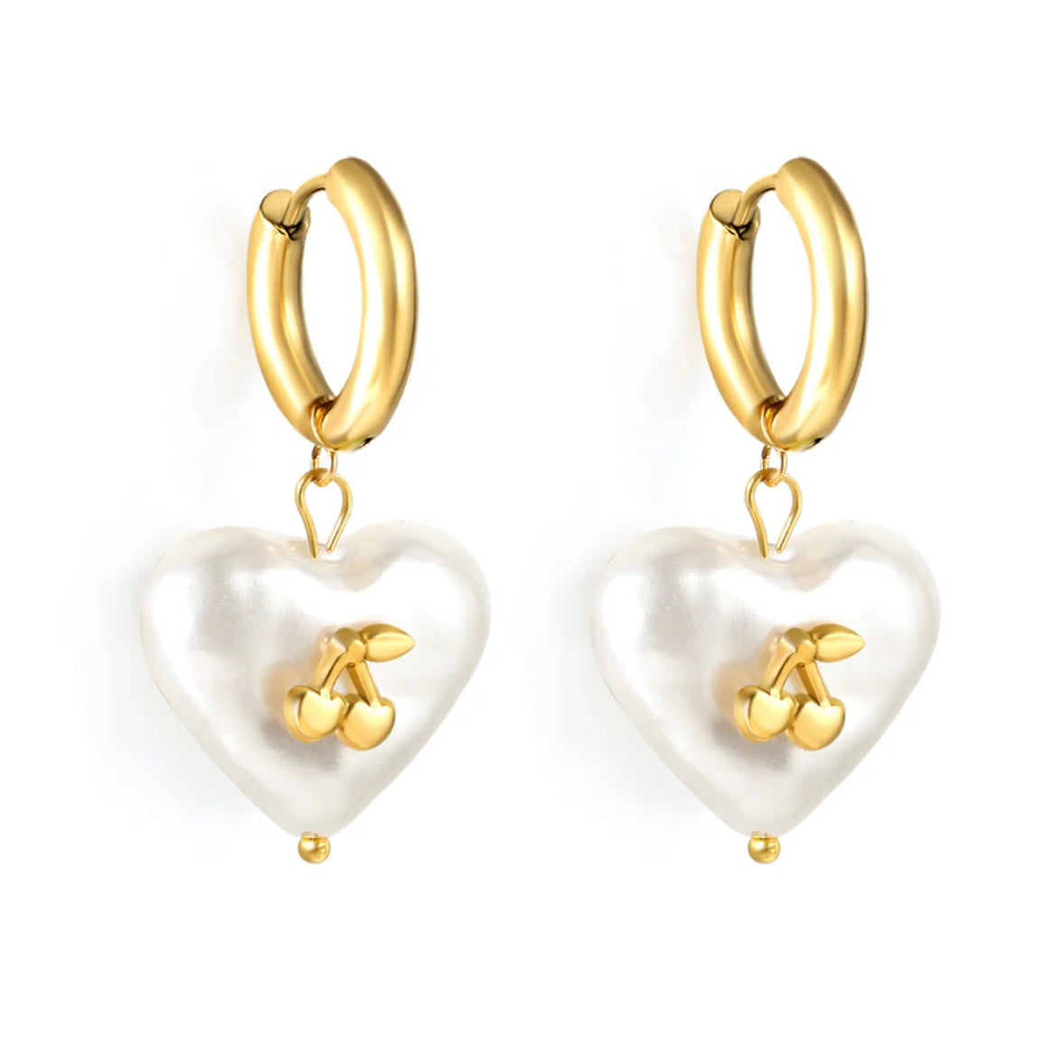 GOLD PEARL LOVE HEART CHERRY CHARM HOOP EARRINGS - 10MM - WATERPROOF