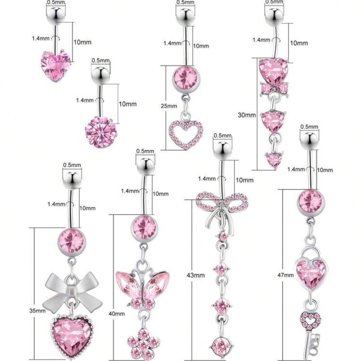 MULTI PACK OF 8 PINK BELLY BAR - 10MM - 14 GAUGE