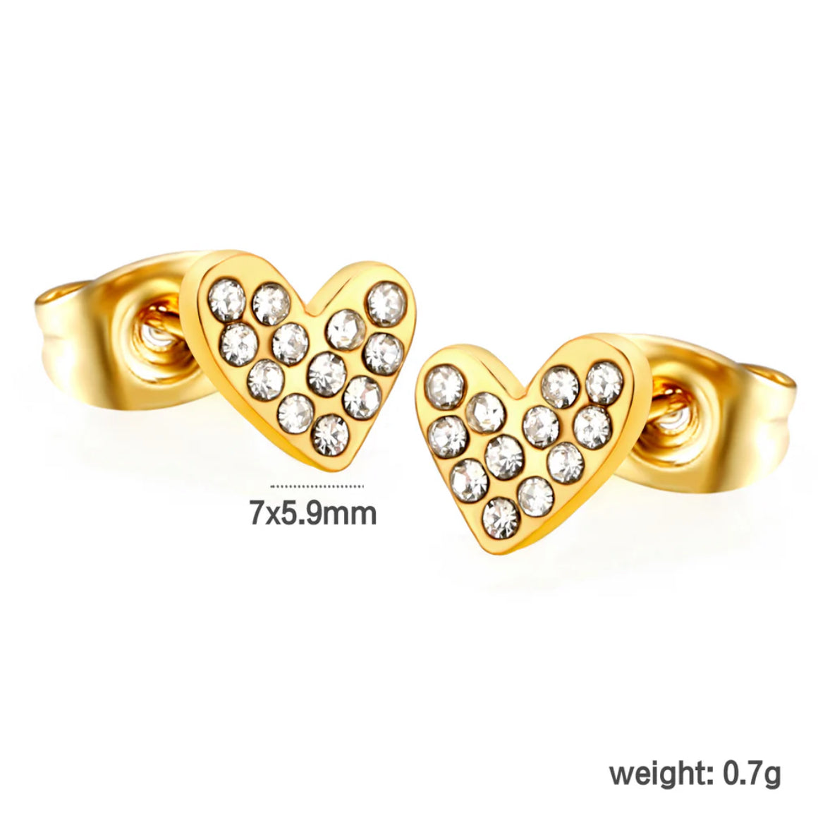 DAINTY GOLD CRYSTAL FILLED LOVE HEART STUD EARRINGS - WATERPROOF