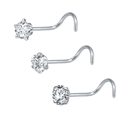 TRIPLE PACK OF CRYSTAL NOSE STUDS HEART, STAR & CIRCLE