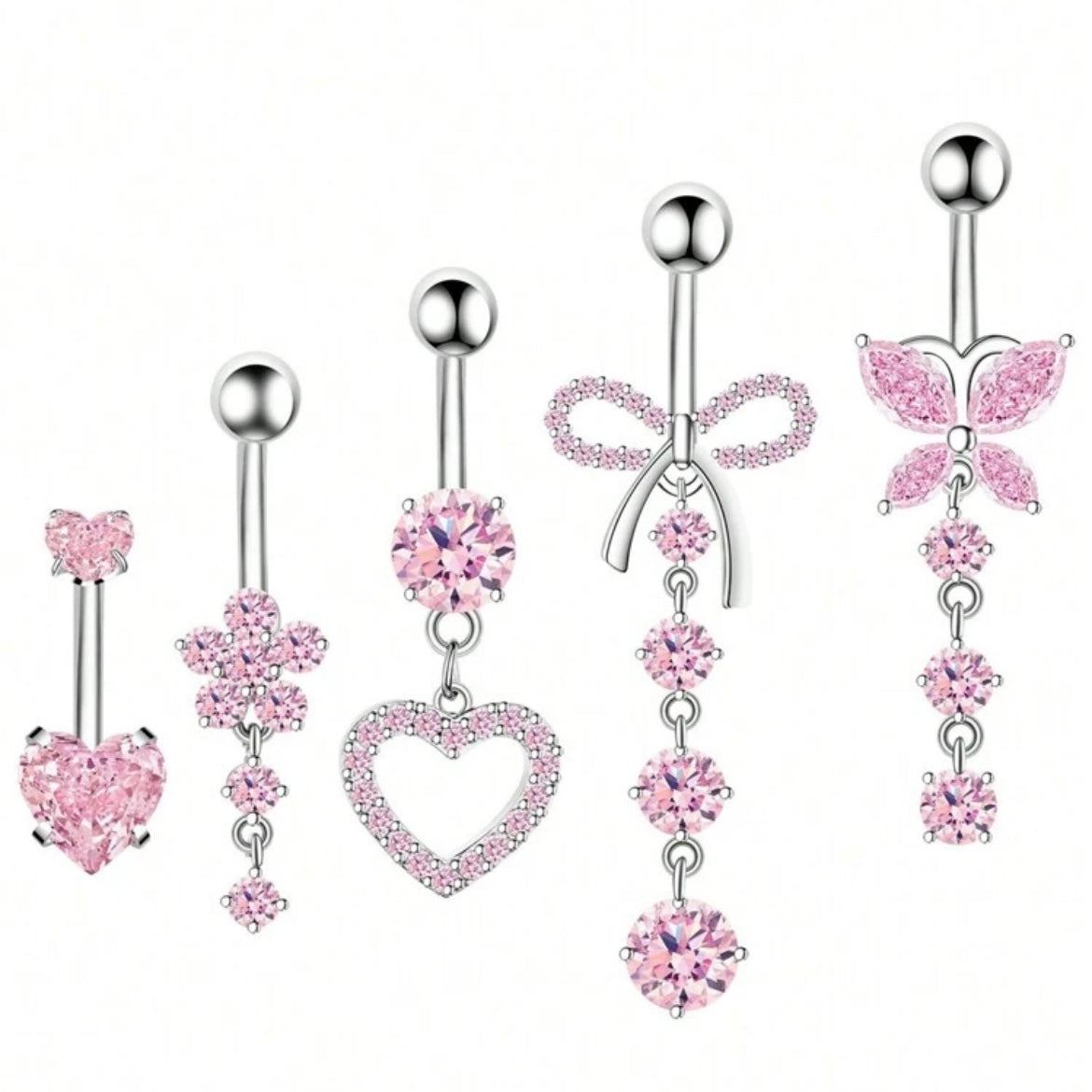 5 PACK OF PINK CRYSTAL CHARM BELLY BARS - 10MM