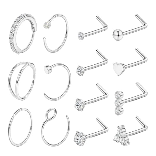 14 PIECE  SILVER DOUBLE LOOP NOSE RING EDITION MULTI PACK - 20 GAUGE -8MM