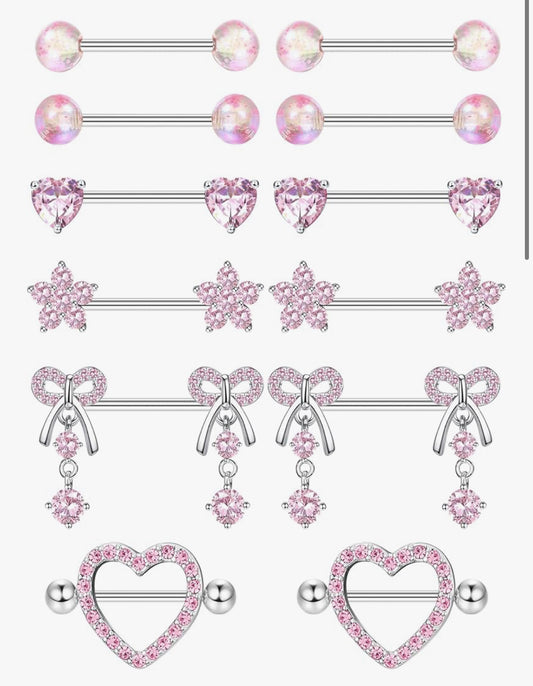 MULTIPACK 6 x PAIRS OF NIPPLE BARBELLS PINK CRYSTALS