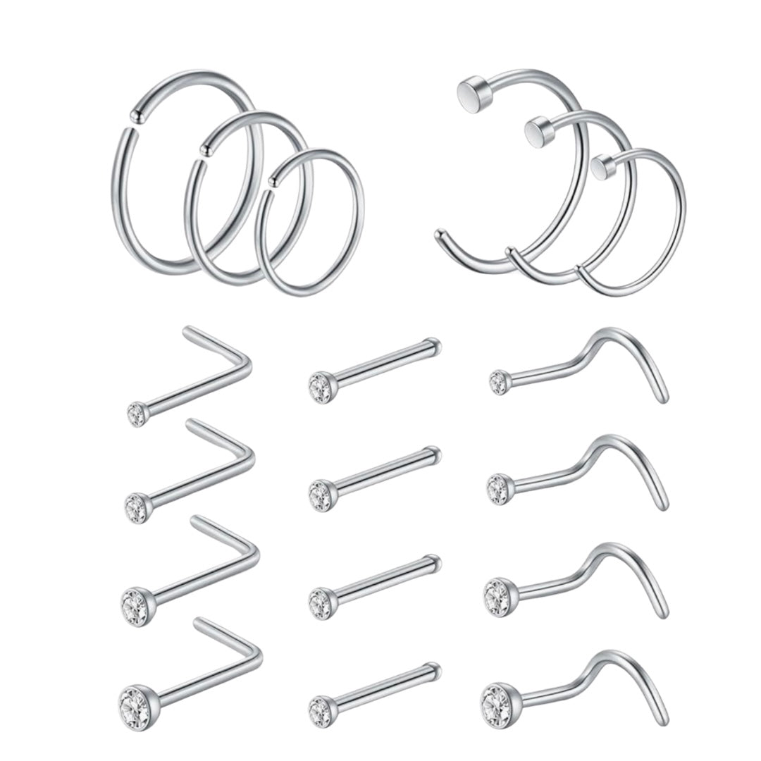 MULTI PACK OF 18 PLAIN CUBIC ZIRCONIA NOSE RINGS & STUDS - 20 GAUGE