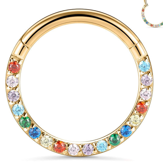 GOLD MULTICOLOURED CRYSTAL FRONT FACING HOOP - 12MM