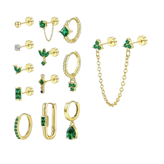 13 PIECE EMERALD GREEN & GOLD EARRING HOOPS & STUD MULTI PACK