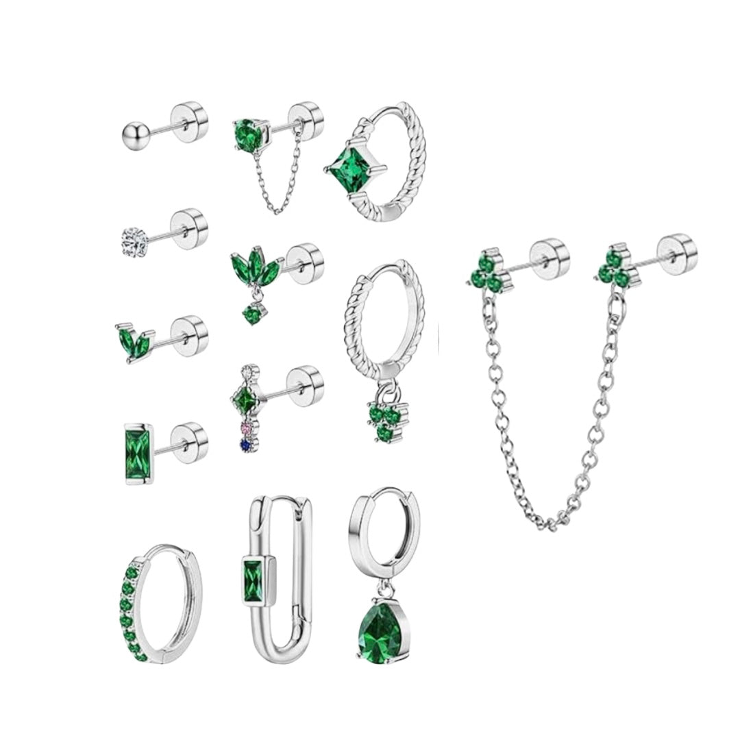 13 PIECE EMERALD GREEN & SILVER EARRING HOOPS & STUD MULTI PACK