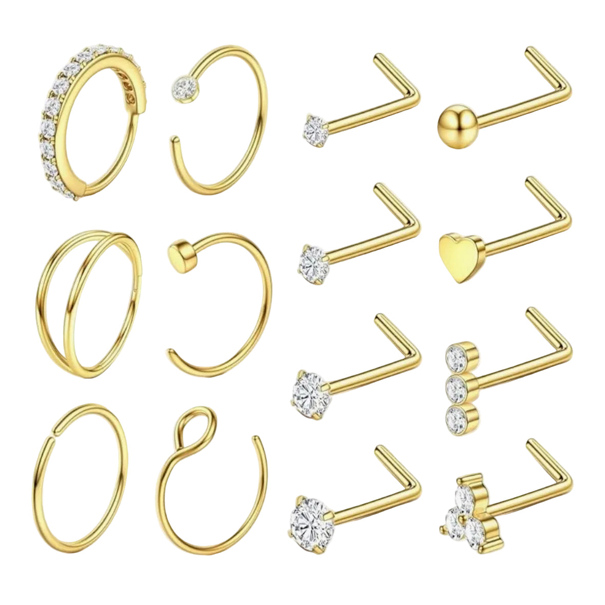 14 PIECE GOLD DOUBLE LOOP NOSE RING EDITION MULTI PACK - 20 GAUGE -8MM