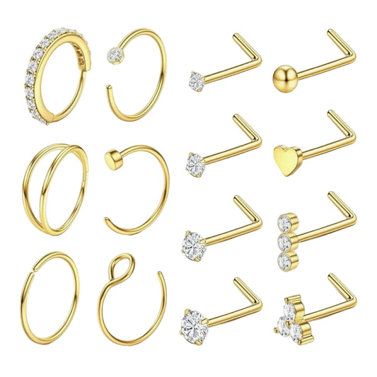 14 PIECE GOLD DOUBLE LOOP NOSE RING EDITION MULTI PACK - 20 GAUGE -8MM