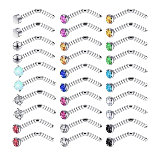 MULTIPACK OF 30 CRYSTAL L BEND NOSE STUDS - 20 GAUGE