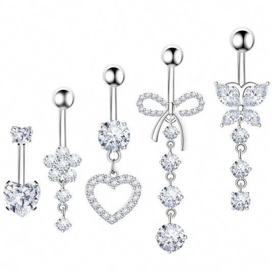 5 PACK OF SILVER CRYSTAL CHARM BELLY BARS - 10MM