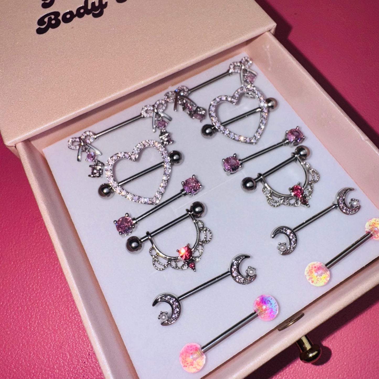 MULTIPACK 6 x PAIRS OF NIPPLE BARBELLS PINK CRYSTALS