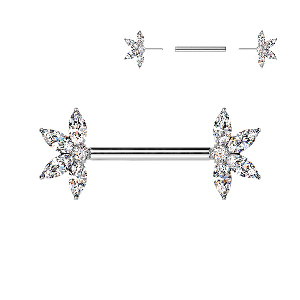 CRYSTAL FLOWER END THREADLESS NIPPLE BAR - 14MM - 14 GAUGE
