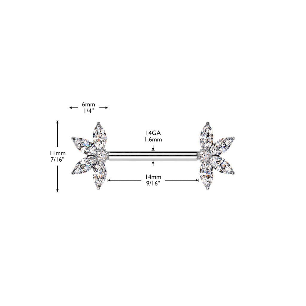 CRYSTAL FLOWER END THREADLESS NIPPLE BAR - 14MM - 14 GAUGE
