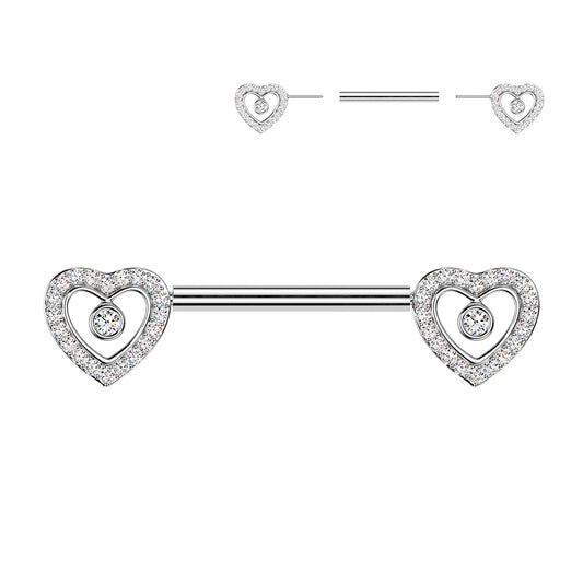 SILVER CRYSTAL LOVE HEART THREADLESS NIPPLE BAR - 14 GAUGE - 14MM