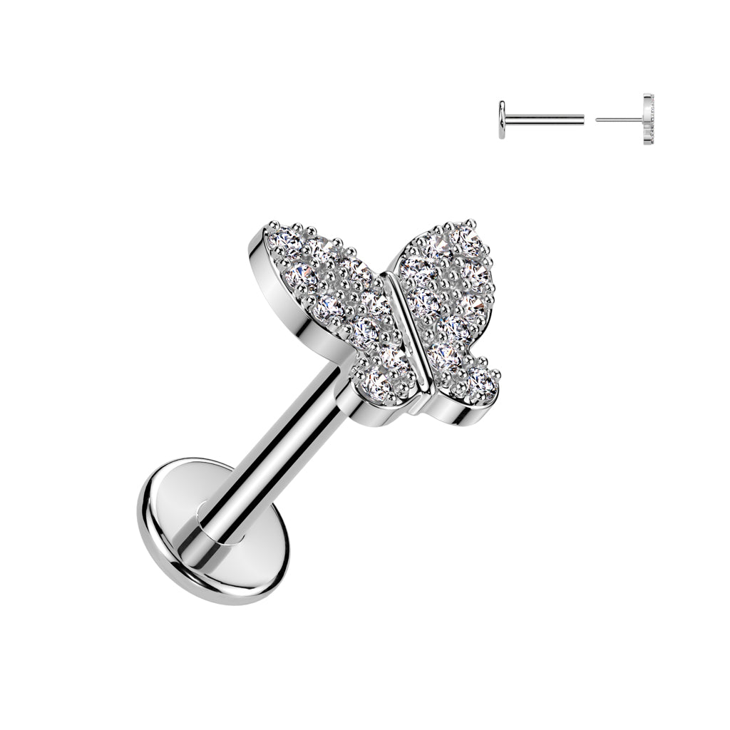 CRYSTAL PRETTY BUTTERFLY THREADLESS FLAT BACK LABRET - 8MM - 16 GAUGE