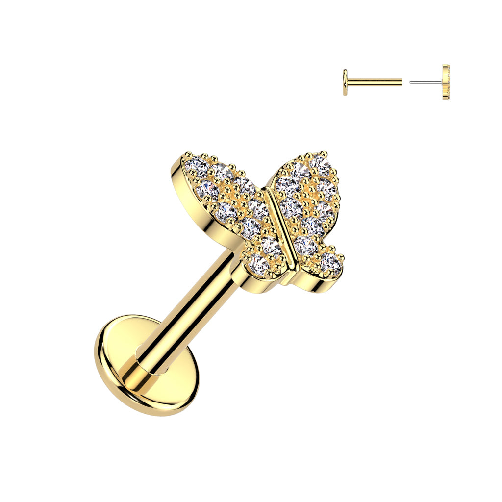 CRYSTAL PRETTY BUTTERFLY THREADLESS FLAT BACK LABRET - 8MM - 16 GAUGE