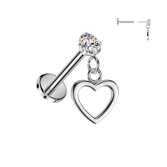 CRYSTAL LABRET WITH LOVE HEART CHARM - 16 GAUGE - 8MM THREADLESS