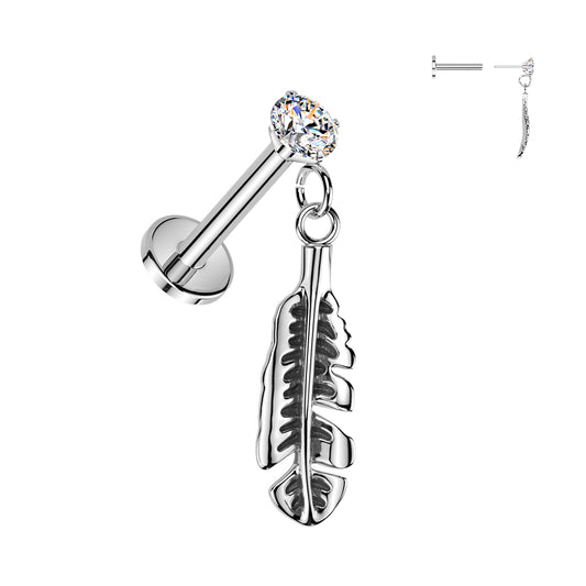 CRYSTAL LABRET WITH FEATHER CHARM - 16 GAUGE - 8MM THREADLESS