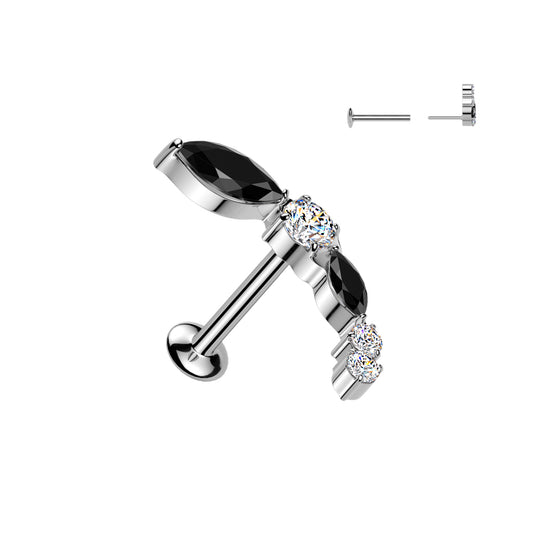 BLACK & SILVER CUBIC ZIRCONIA DAINTY CRYSTAL LINED DAINTY THREADLESS FLAT BACK LABRET - 8MM - 16 GAUGE