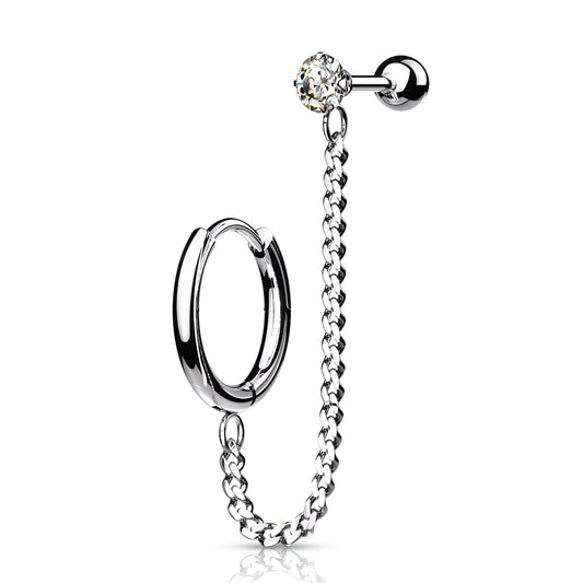 CLICKER HOOP & CRYSTAL 6MM BARBELL CHAIN LINKED CONNECTOR EARRING