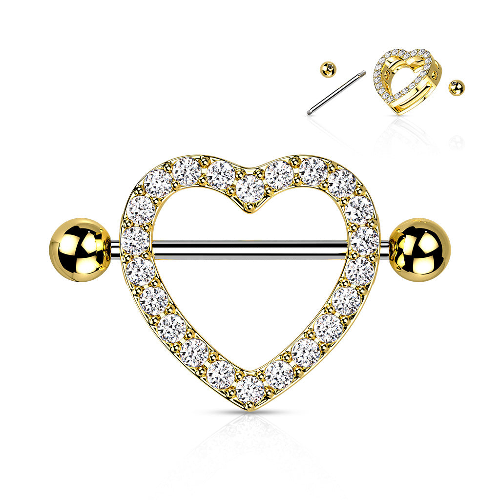 GOLD CRYSTAL LOVE HEART NIPPLE SHIELD BARBELL