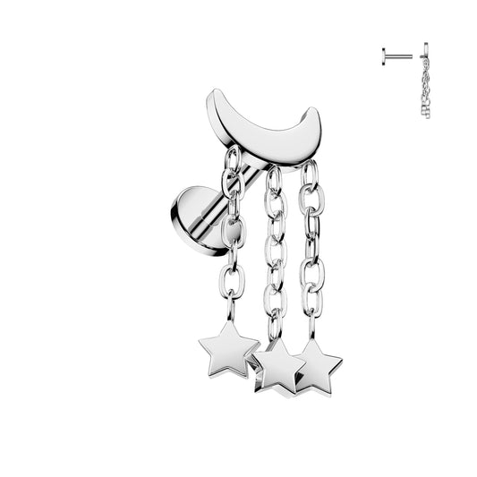 TITANIUM SLEEPY MOON & STAR CHARM FLAT BACK LABET EARRING