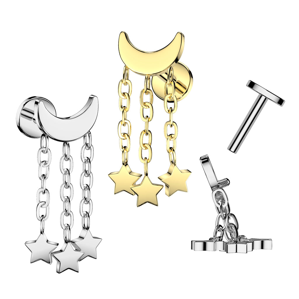 TITANIUM SLEEPY MOON & STAR CHARM FLAT BACK LABET EARRING