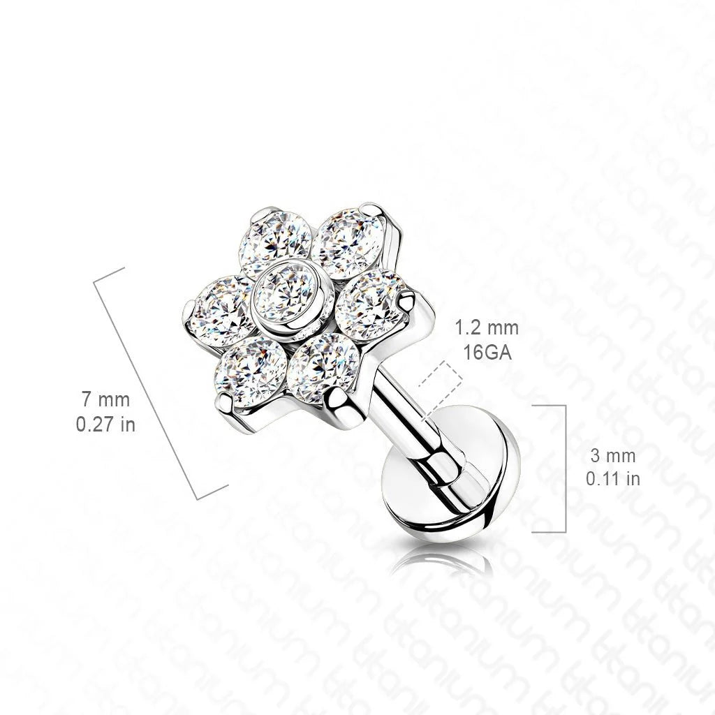 TITANIUM CRYSTAL FLOWER FLAT BACK LABRET - 8MM