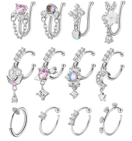 MULTI PACK OF 12  FAUX NOSE RINGS AND STUDS FOR NON PIERCED NOSE - NO PIERCING REQUIRED