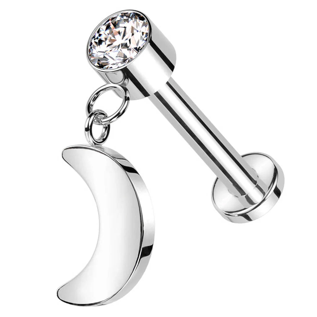 TITANIUM MINI MOON CHARM CUBIC ZIRCONIA FLAT BACK LABRET