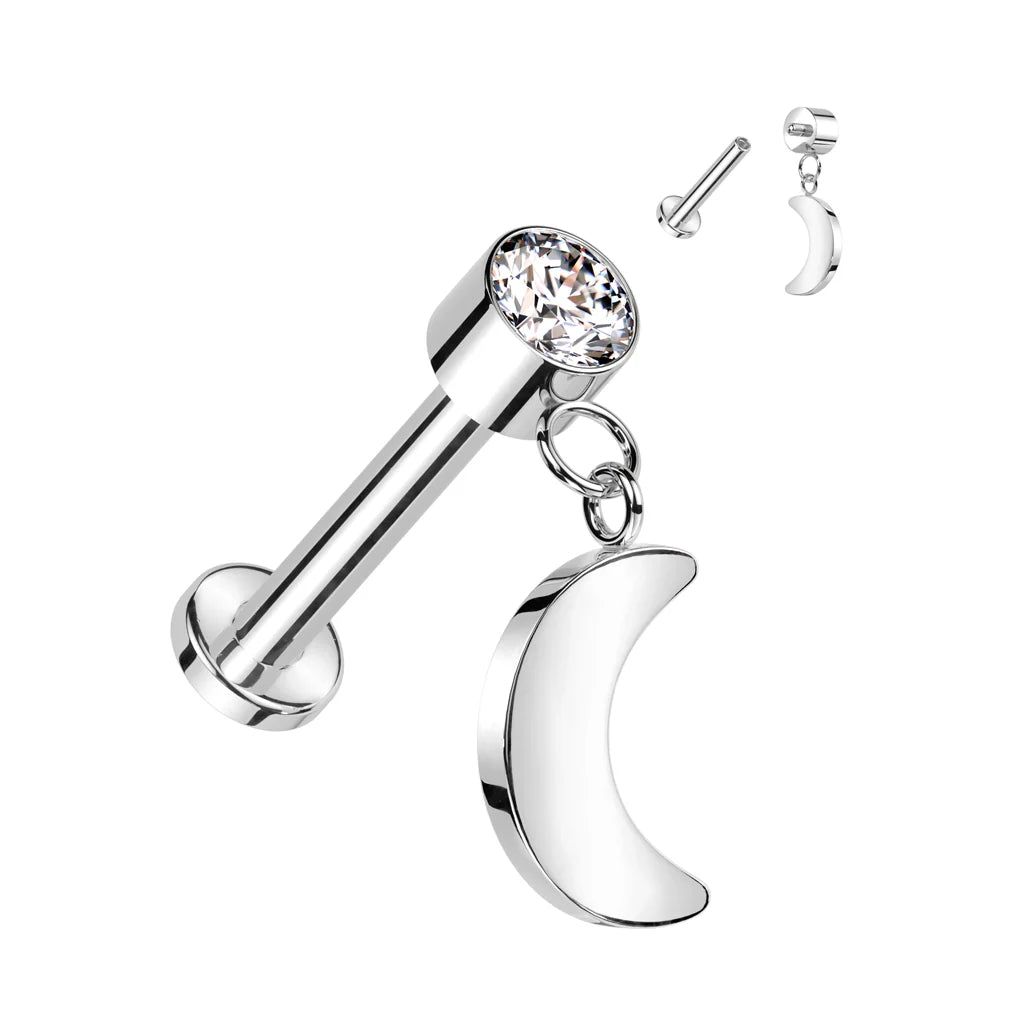 TITANIUM MINI MOON CHARM CUBIC ZIRCONIA FLAT BACK LABRET