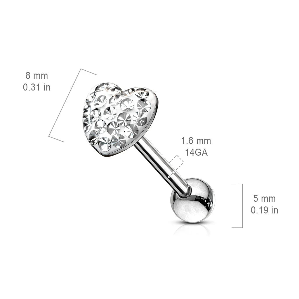 SPARKLE RHINESTONE LOVE HEART TONGUE BARBELL - 16MM