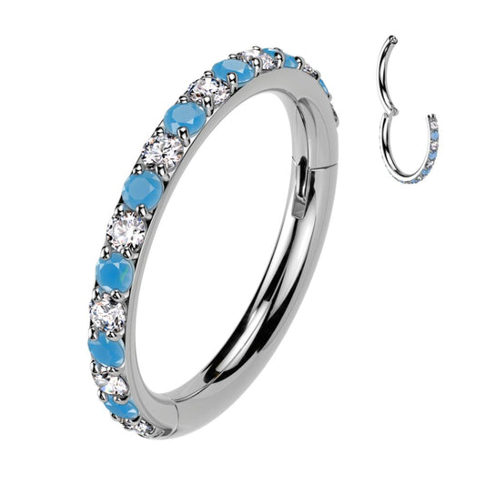 TITANIUM SILVER TURQUOISE & CRYSTAL SINGLE LINED CONCH HOOP - 12MM