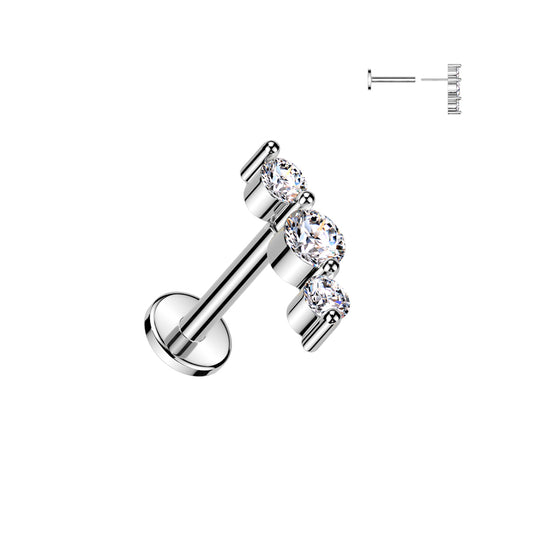 TRIPLE CRYSTAL THREADLESS FLAT BACK LABRET STUD