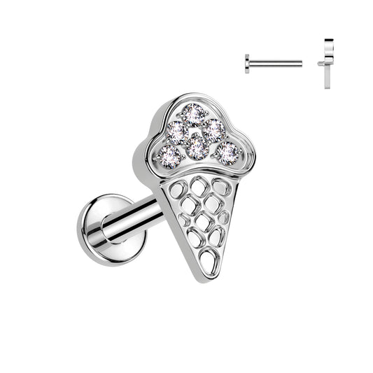 TITANIUM ICE CREAM CONE CRYSTAL FLAT BACK LABRET - 8MM