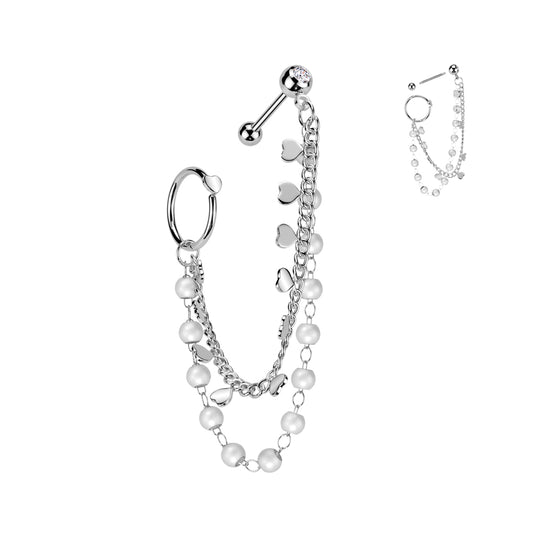 MINI HEART & PEARL HOOP & BARBELL CHAIN CONNECTOR EARRING