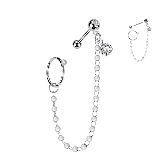 DIAMANTÉ CRYSTAL & PEARL HOOP & BARBELL CHAIN CONNECTOR EARRINGS