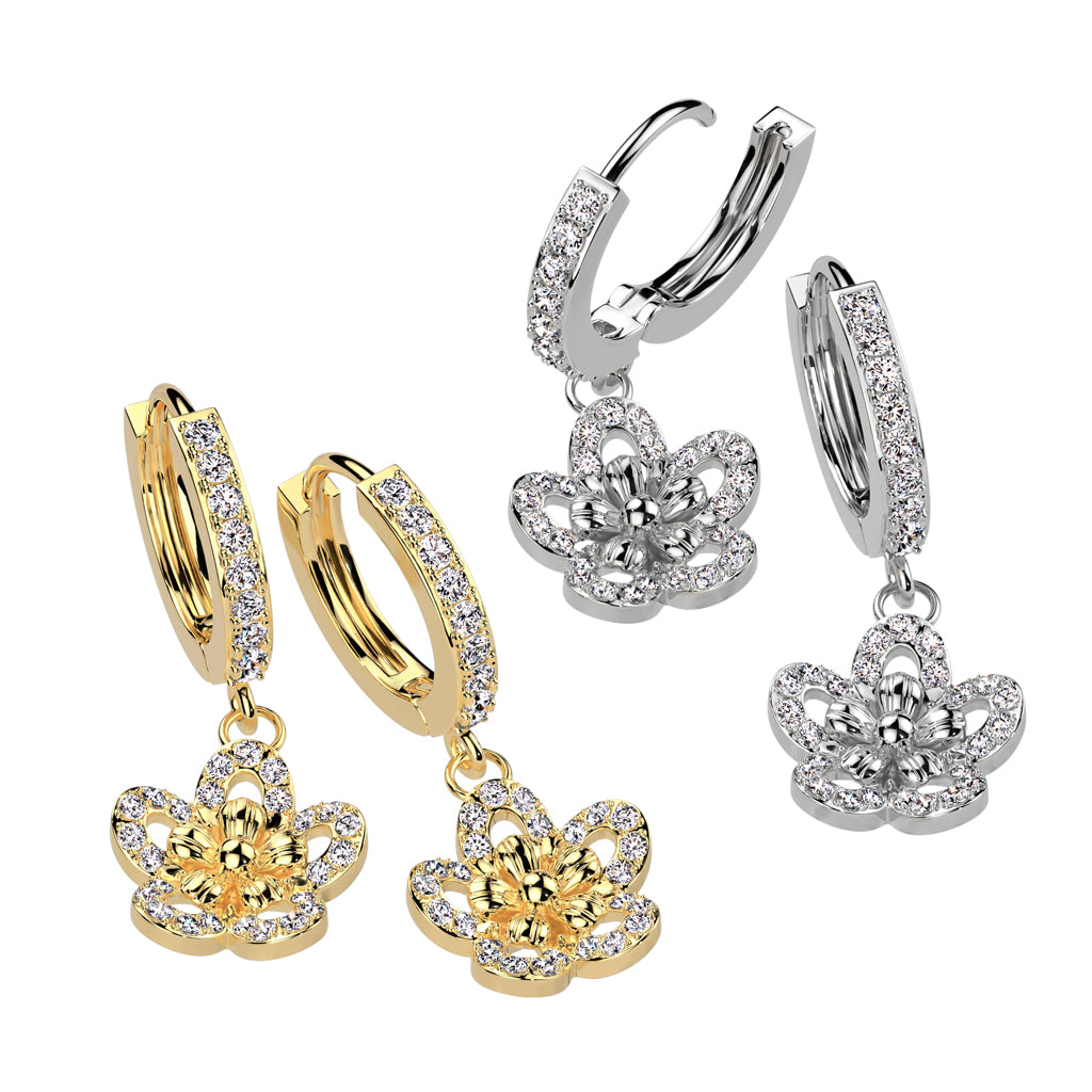 CRYSTAL FLOWER HUGGIE HOOPS