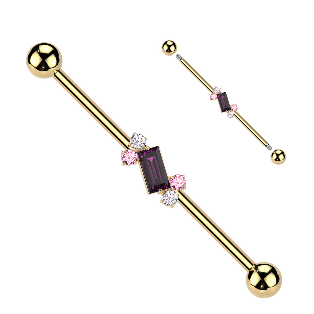 PINK & PURPLE SQUARE CUT CRYSTAL INDUSTRIAL BARBELL- 38MM